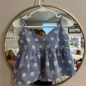Blue Gingham Top with Floral Design